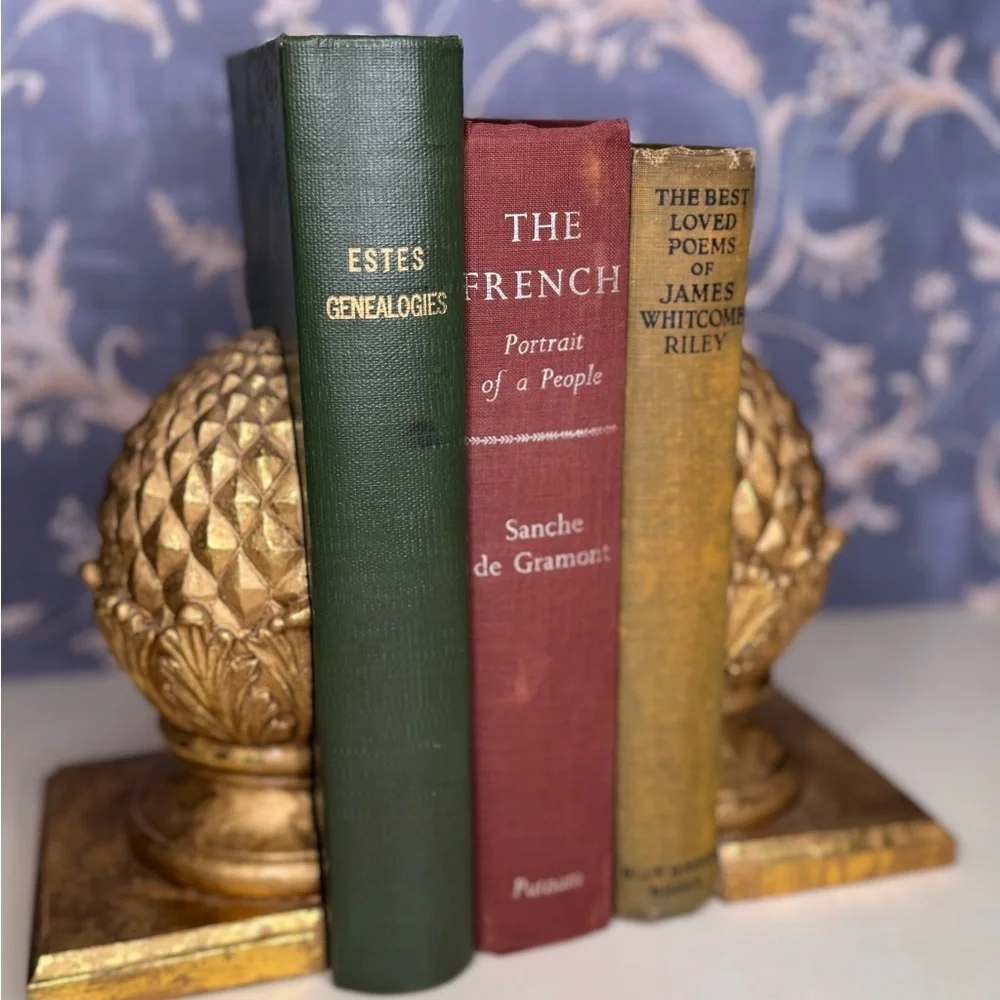 Vintage Estate Wooden Pinecone Bookends Pair | Heavy Solid Wood Gold Finish